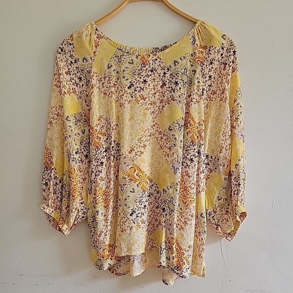 Good Hart Matilda Jane Peasant Blouse Yellow Printed 3/4 Puff Sleeve Boho Hippie - Picture 1 of 15